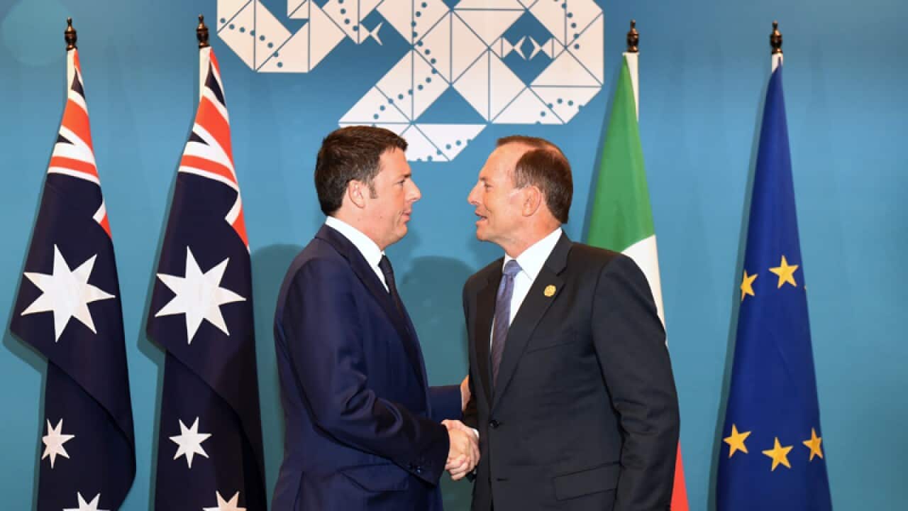 Australia PM Tony Abbott, right, and Italy's PM Matteo Renzi