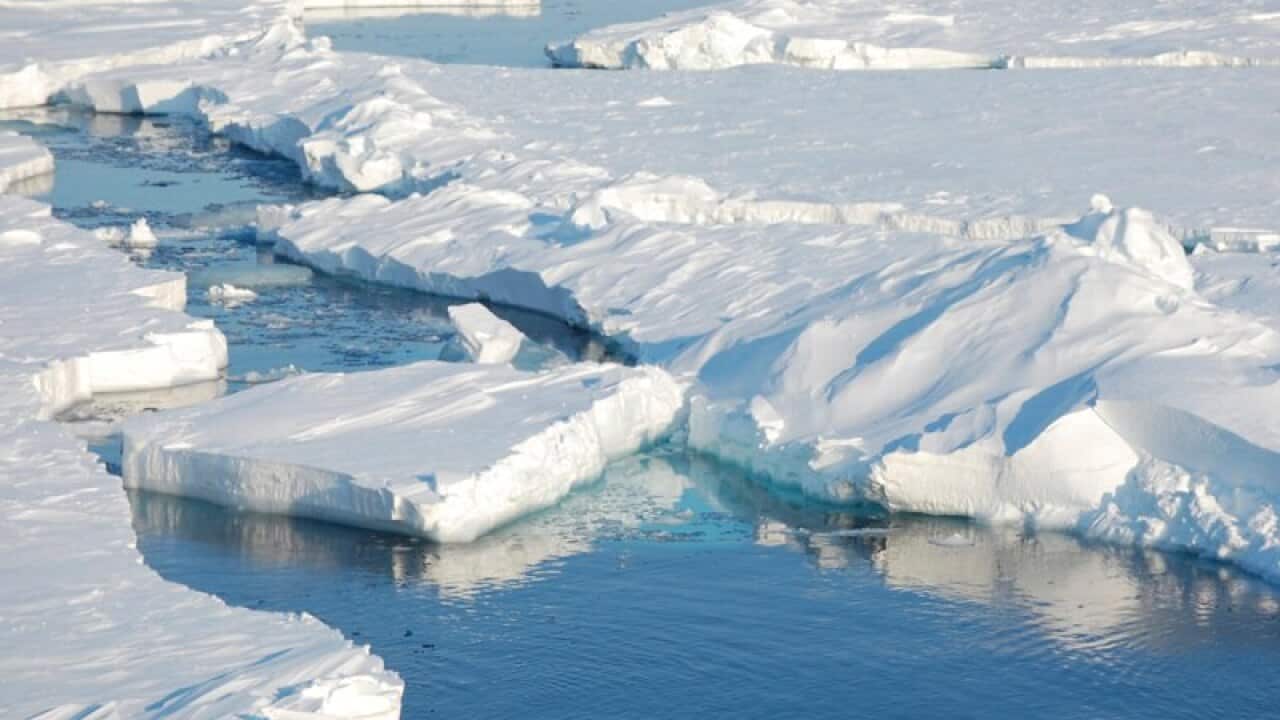 Ice floats in the Arctic near Svalbard, Norway