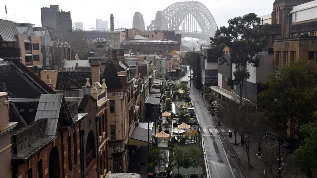 George Street in The Rocks is seen empty in Sydney amid a coronavirus lockdown on Tuesday, 29 June, 2021.