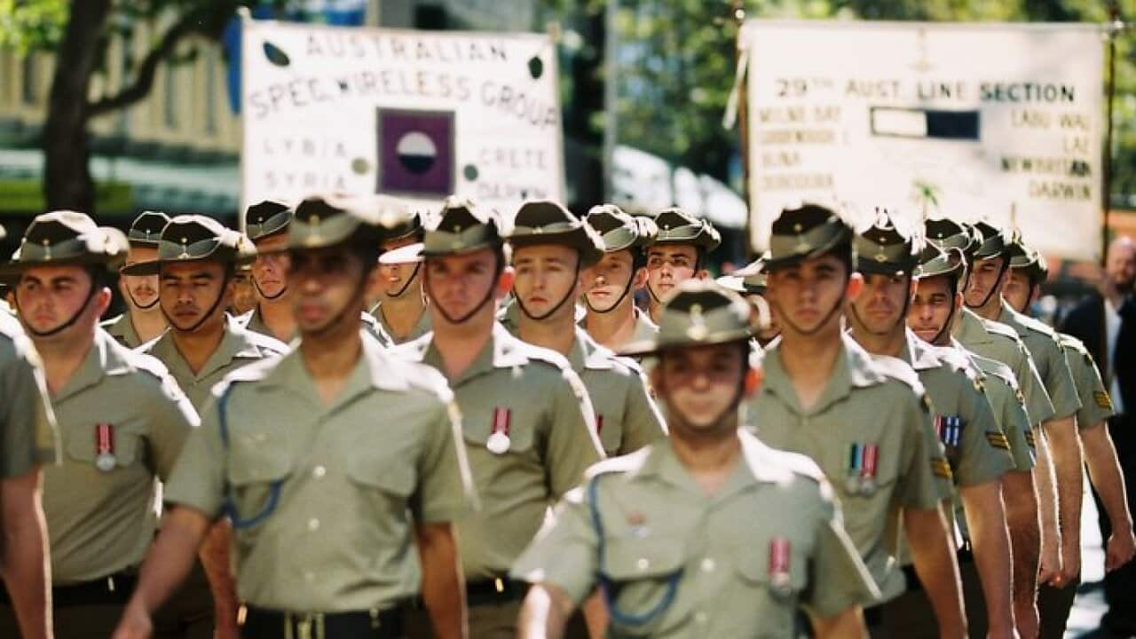 A film photograph of participants marching down Elizabeth street during the annual ANZAC Day march in Sydney, Thursday, April 25, 2019.