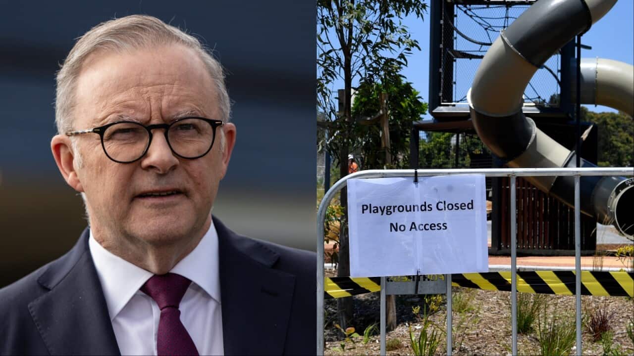 A composite of Anthony Albanese and a closed-off playground.