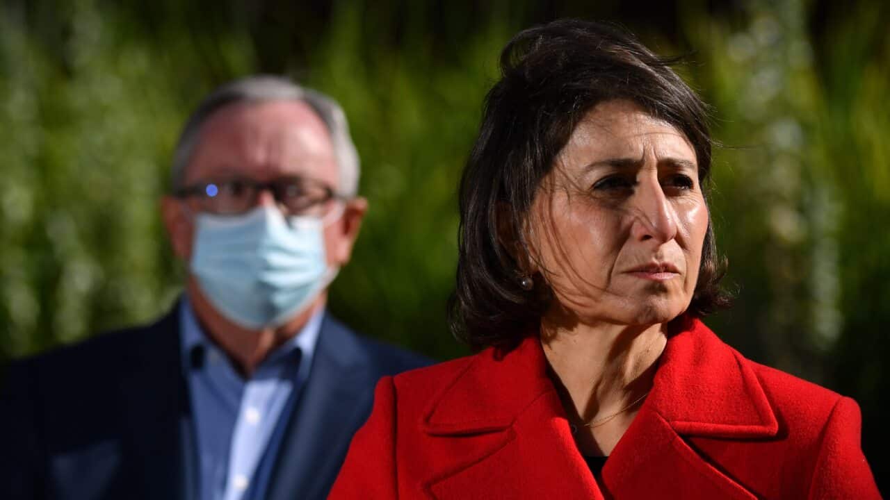 NSW Health Minister Brad Hazzard and Premier Gladys Berejiklian speaks to the media during a press conference in Sydney, Saturday, June 26, 2021. (AAP Image/Mick Tsikas) NO ARCHIVING