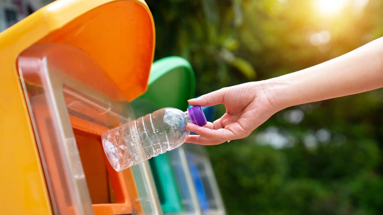 World Environment Day concept. Woman hand holding and putting plastic bottle waste into garbage trash.