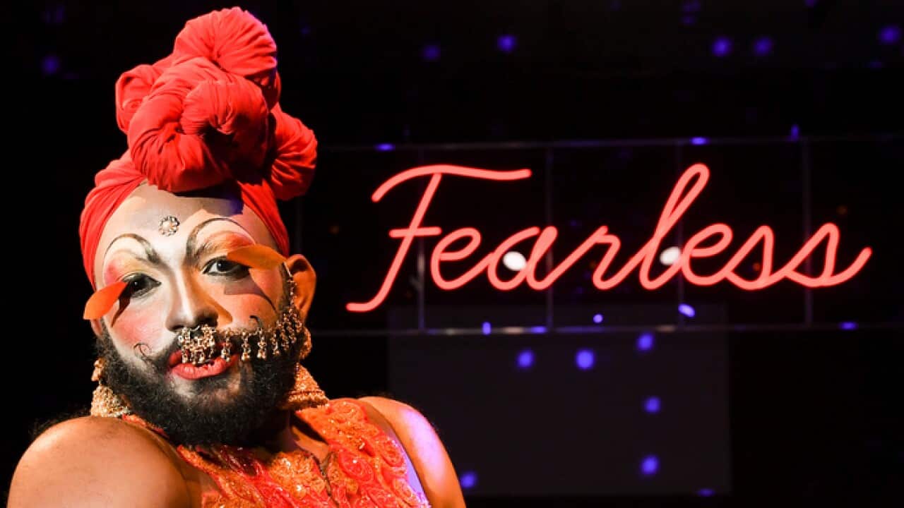 Radha La Bio performs for the Sydney Mardi Gras 2019 program launch