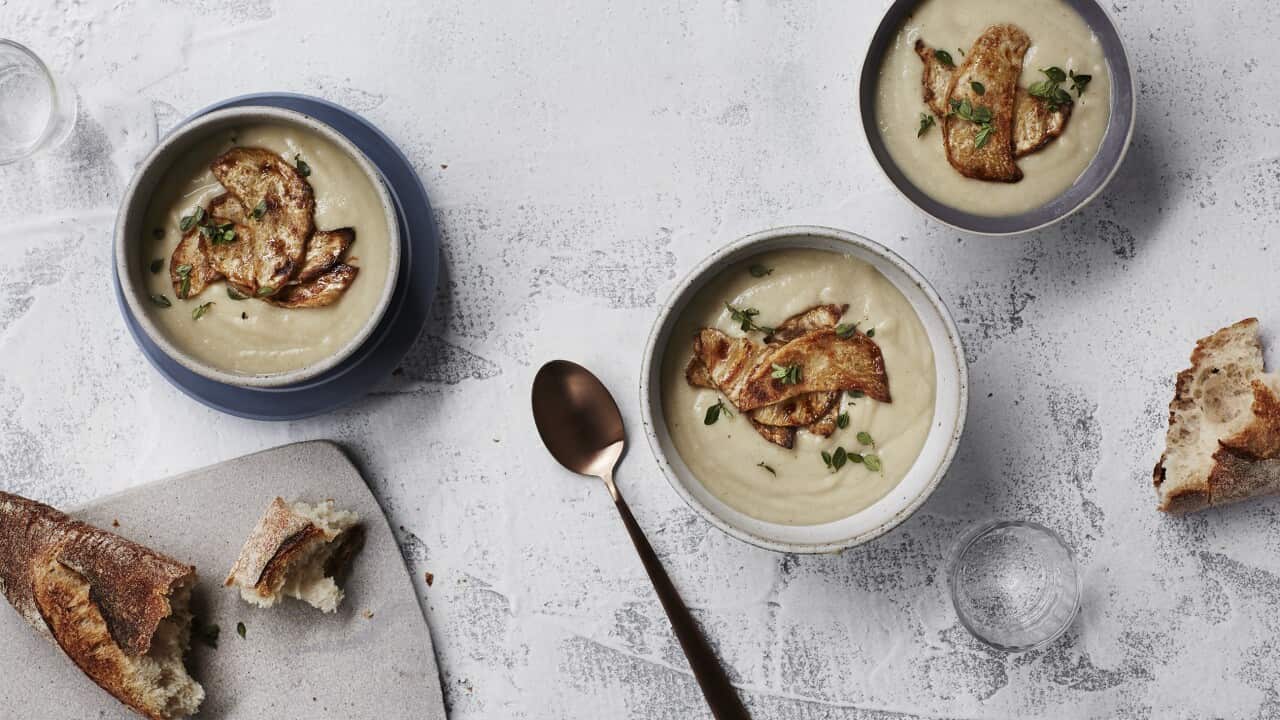Celeriac, potato and roast garlic soup
