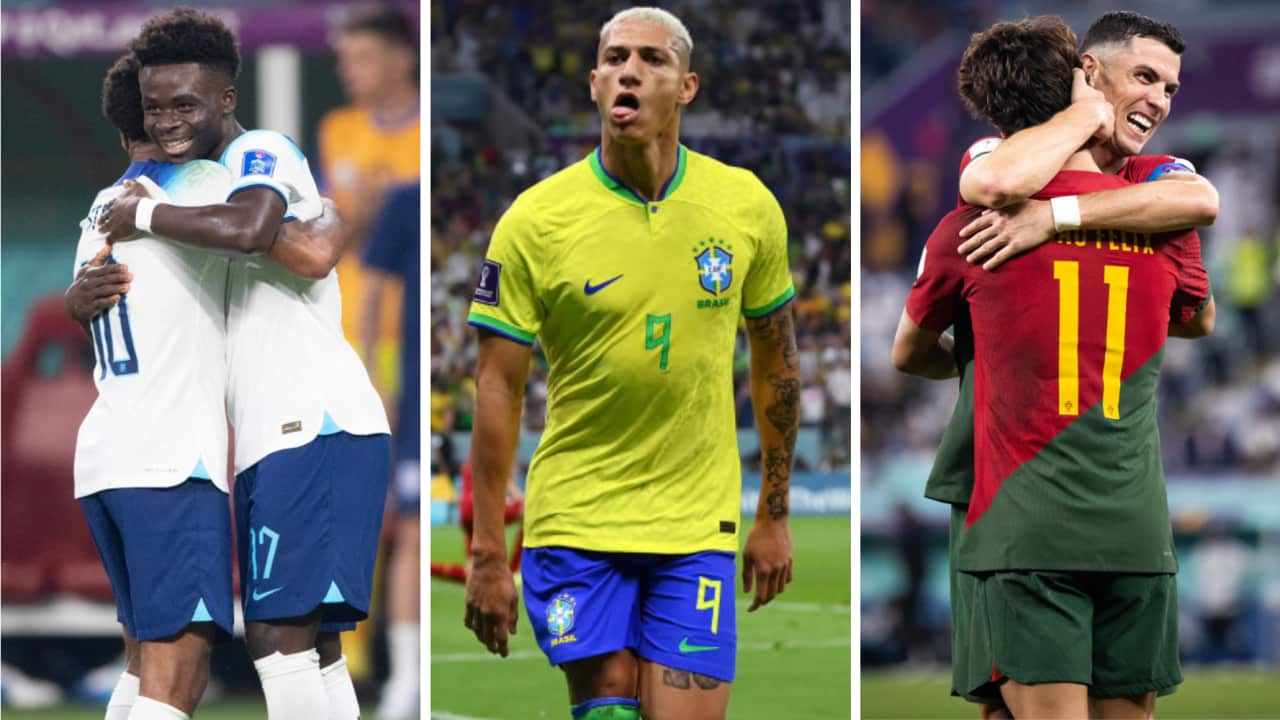 Bukayo Saka celebrates for England, as does Richarlison for Brazil and Portugal's Cristiano Ronaldo