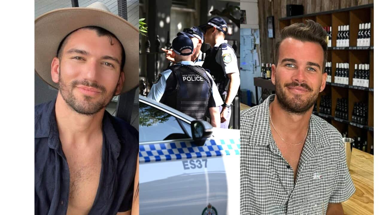 A composite image of two smiling men and police officers