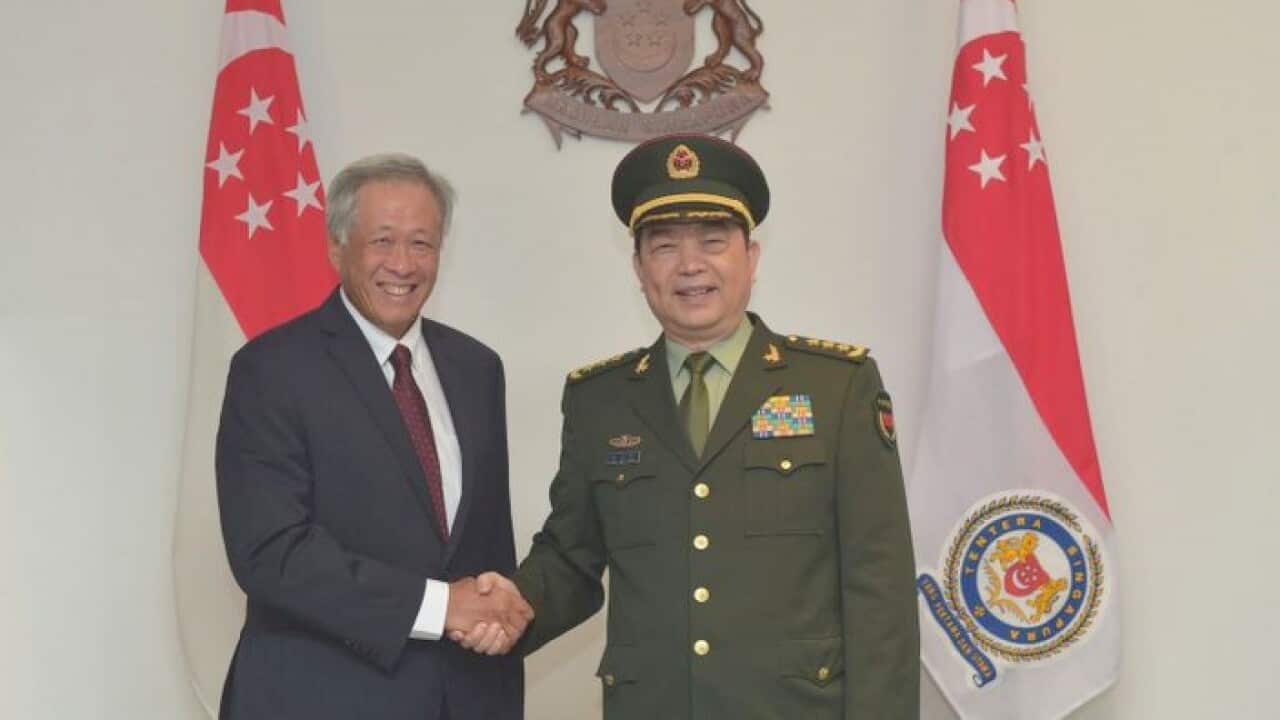 Defence Minister Ng Eng Hen welcoming his Chinese counterpart, General Chang Wanquan, during the latter's introductory visit to Singapore on Feb 5, 2018.