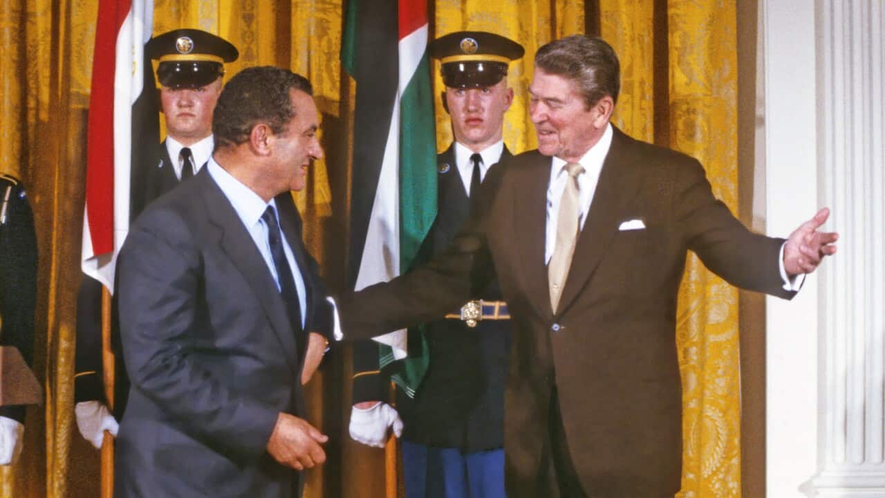 President Hosni Mubarak of Egypt (left) with United States President Ronald Reagan in 1984