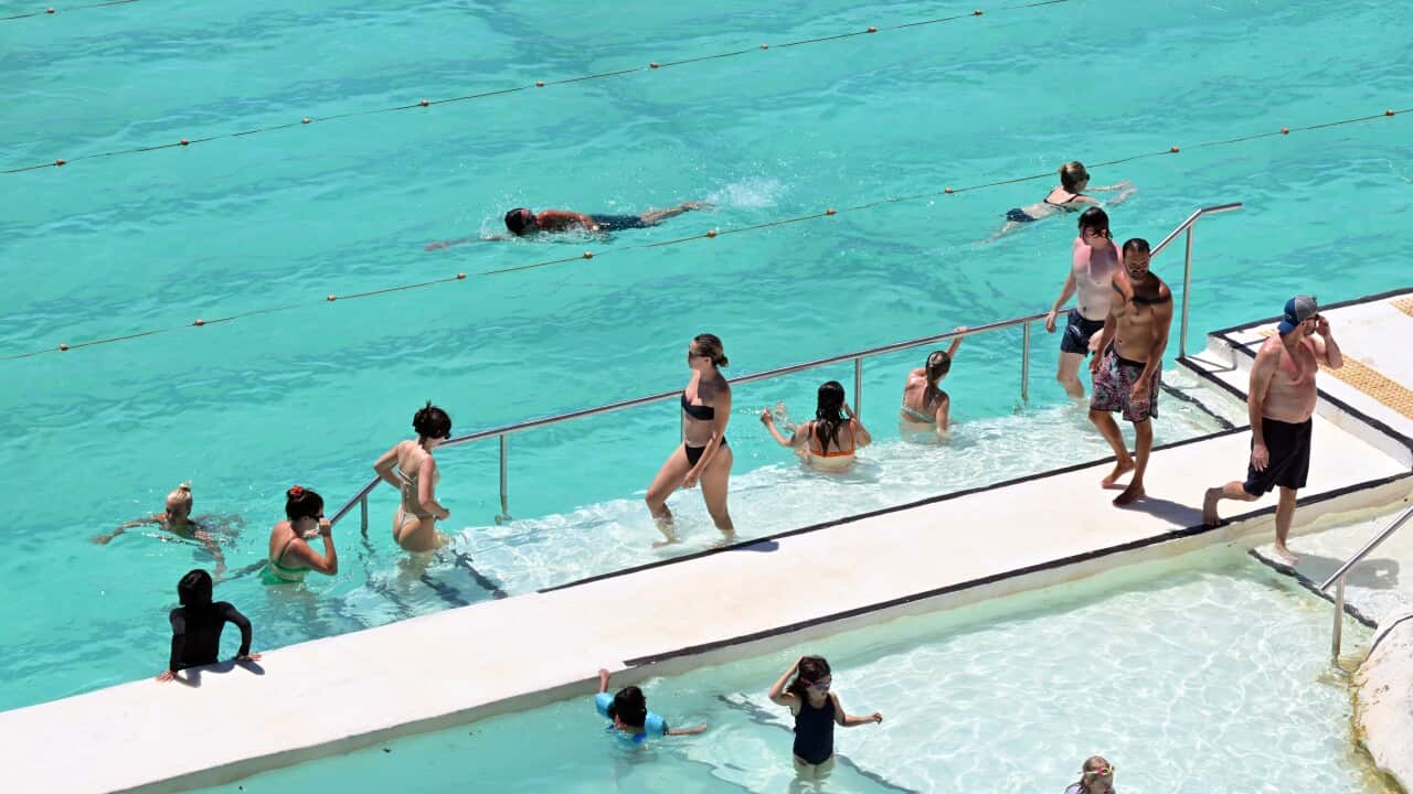 An aerial view of a vibrant turquoise ocean pool filled with swimmers and people walking along the concrete edge. Several people are entering or exiting the water, while others are swimming laps. The scene is bright and suggests warm weather.