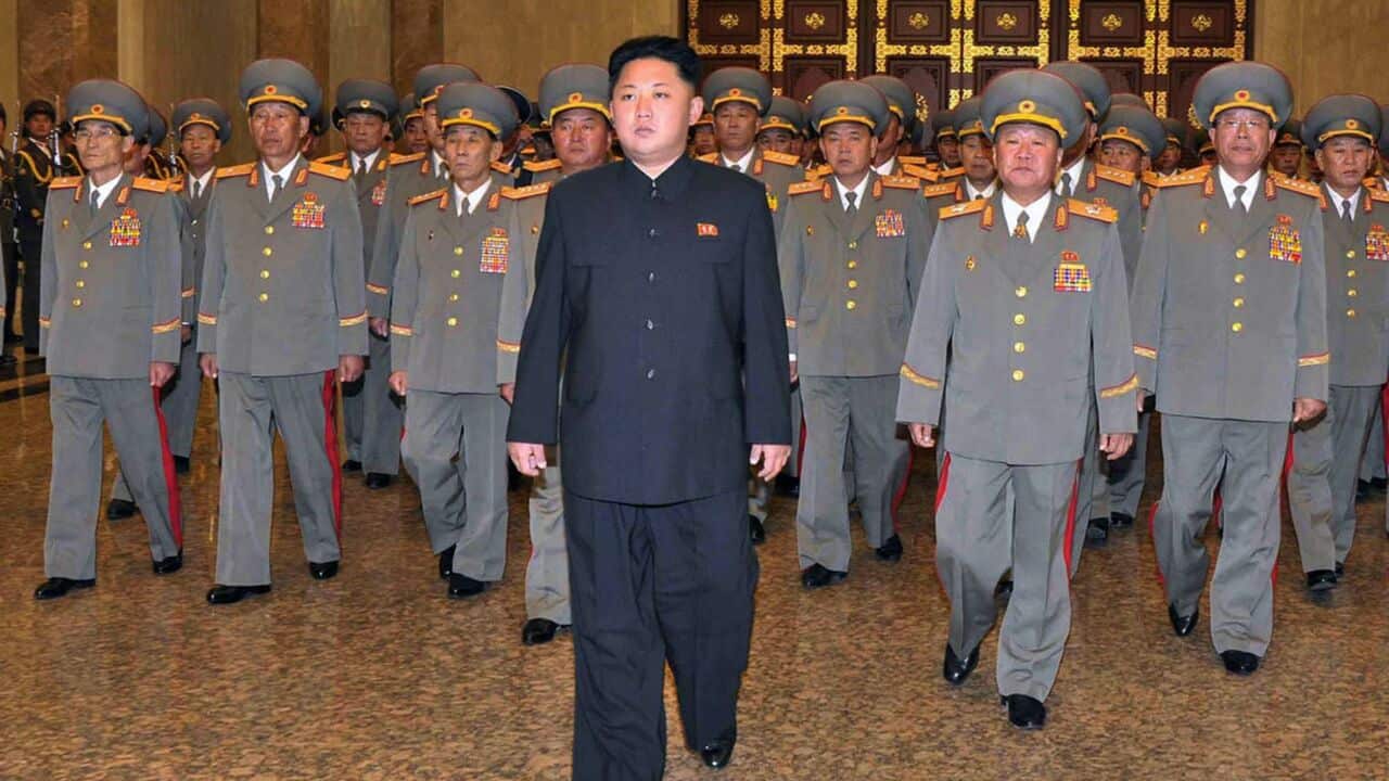 North Korean leader Kim Jong-un accompanied by senior army officials.