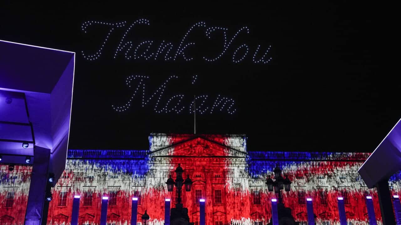 The words 'Thank You Ma'am' were illuminated over Buckingham Palace during the Platinum Jubilee concert (AAP)