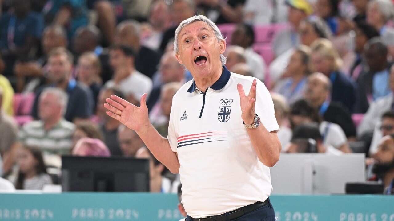 Serbian coach Svetislav Pešić is seen during the Men’s quarter final basketball match between Serbia and Australia at Bercy Arena during the 2024 Paris Summer Olympic Games in Paris