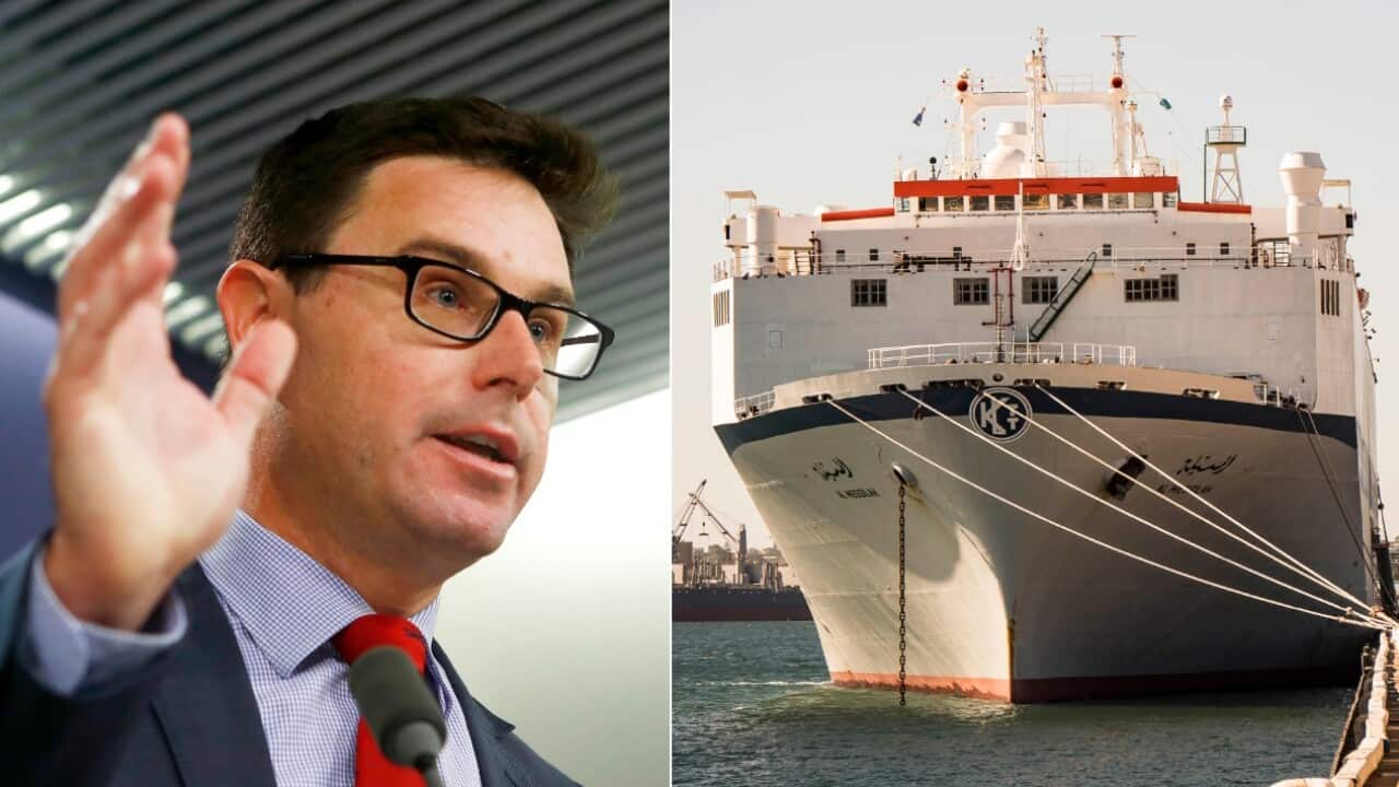Agriculture Minister David Littleproud addresses the media in relation to the live sheep report, and  livestock carrier Al Messilah is seen moored