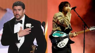 A composite image of Bad Bunny in a tuxedo, holding a trophy with his hand to his heart, and Kevin Parker playing guitar onstage.