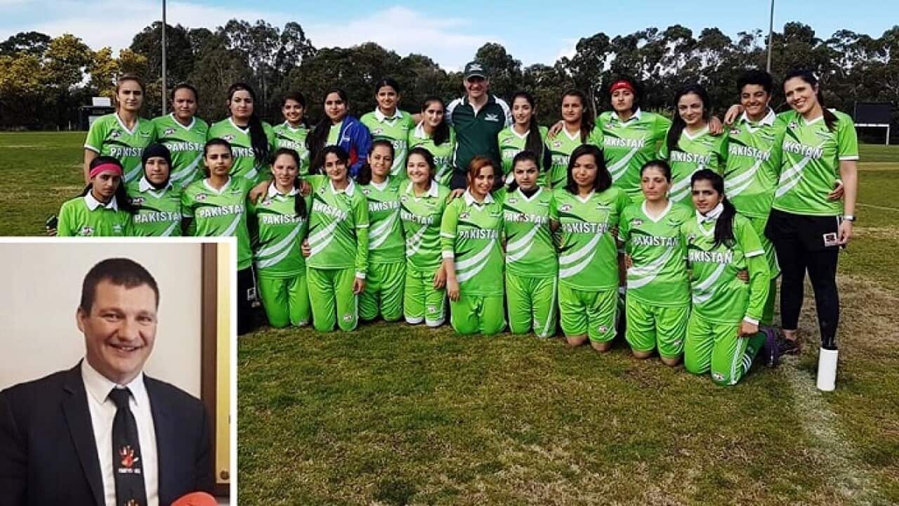 AFL Coach Michael Gallus with Pakistan AFL Women's Team in Melbourne, 2017.