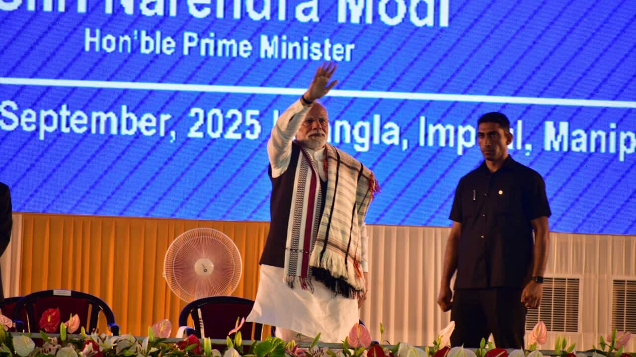 Indian Prime Minister Narendra Modi attends the foundation stone laying of multiple development projects at Imphal