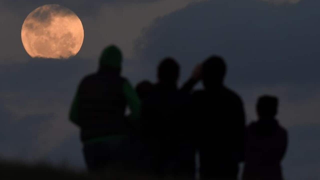 A crowd watches the moon.
