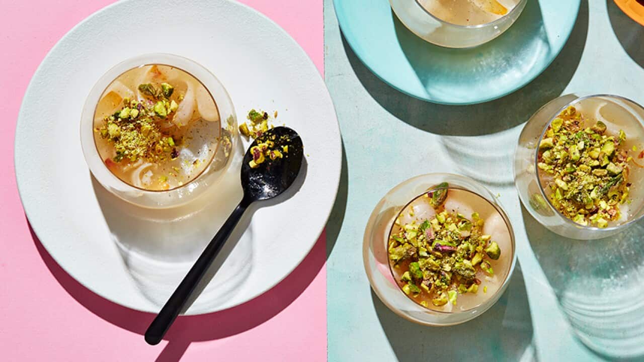 Lychee and rose petal jelly with pistachio