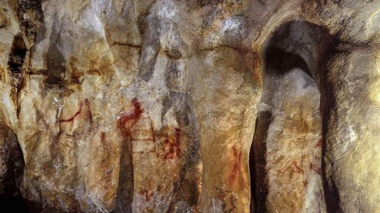 Neanderthal paintings, La Pasiega cave wall, Spain.