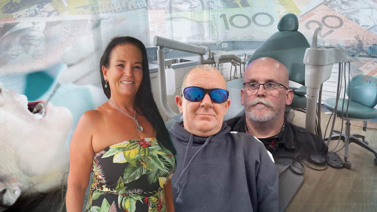 A composite image of a middle-aged white woman wearing a dress, a white man wearing a hoodie and sunglasses and a bald middle-aged white man with glasses and a short grey beard and moustache. In the background is a dental room showing dentistry tools, cash and a woman with her mouth open as she receives dental work.
