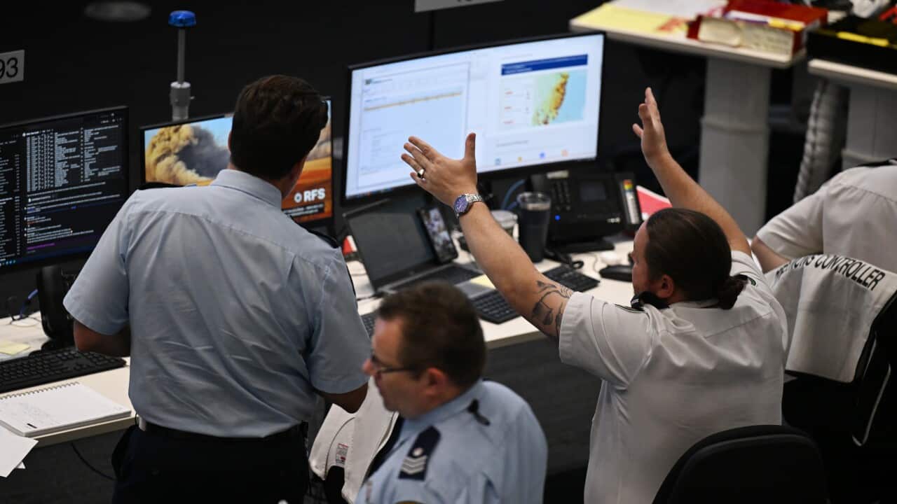 A man in a white shirt is sitting in a chair, arms spread out, looking at a weather map on a computer screen. Another man is peeking at his screen.