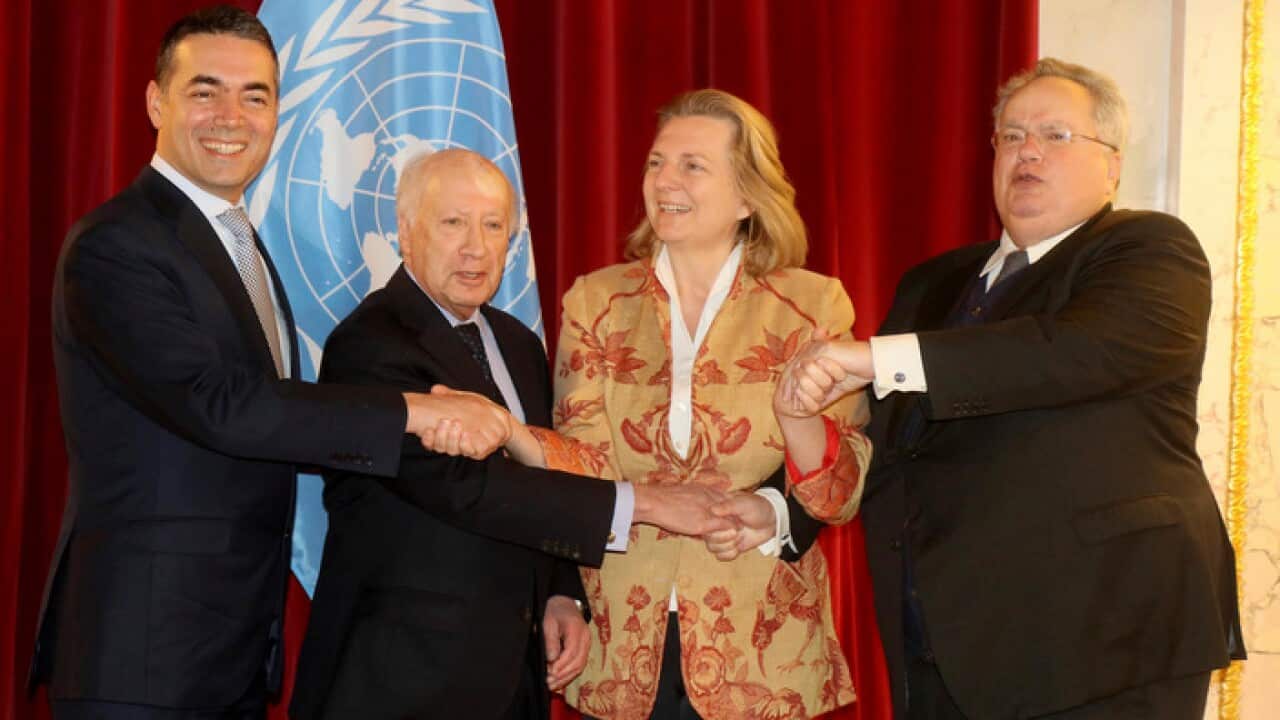 Macedonian Foreign Minister Nikola Dimitrov, UN mediator Matthew Nimetz, Austrian Foreign Minister Karin Kneiss, Greece's Foreign Minister Nikos Kotzias. 