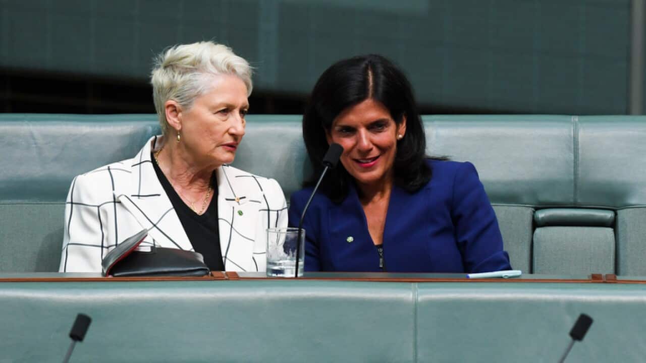 Crossbench MP's Kerryn Phelps (L) and Julia Banks, react during House of Representatives Question Time at Parliament House in Canberra, November 27, 2018.