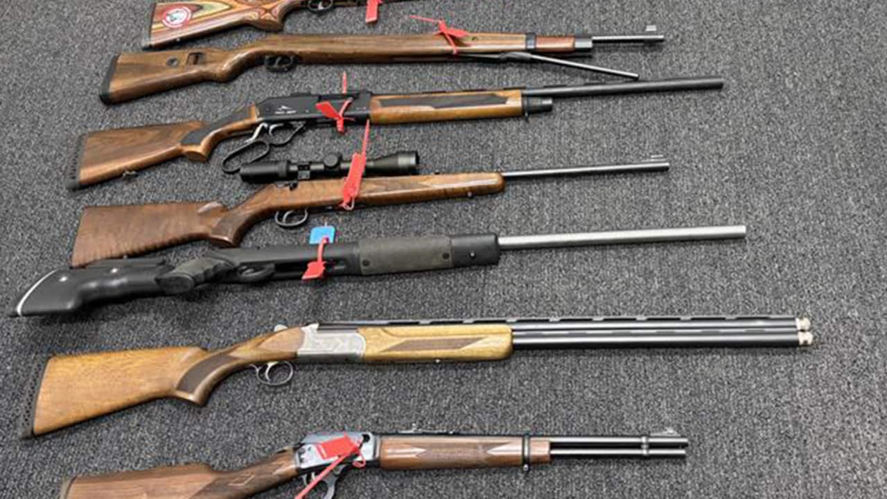 A top-down view shows a collection of seven rifles and shotguns of various types, all featuring wooden stocks, laid out horizontally on a dark carpet. Behind the firearms, several soft gun cases, including a large olive-green and black case labeled "La caccia," are stacked against a wall.
