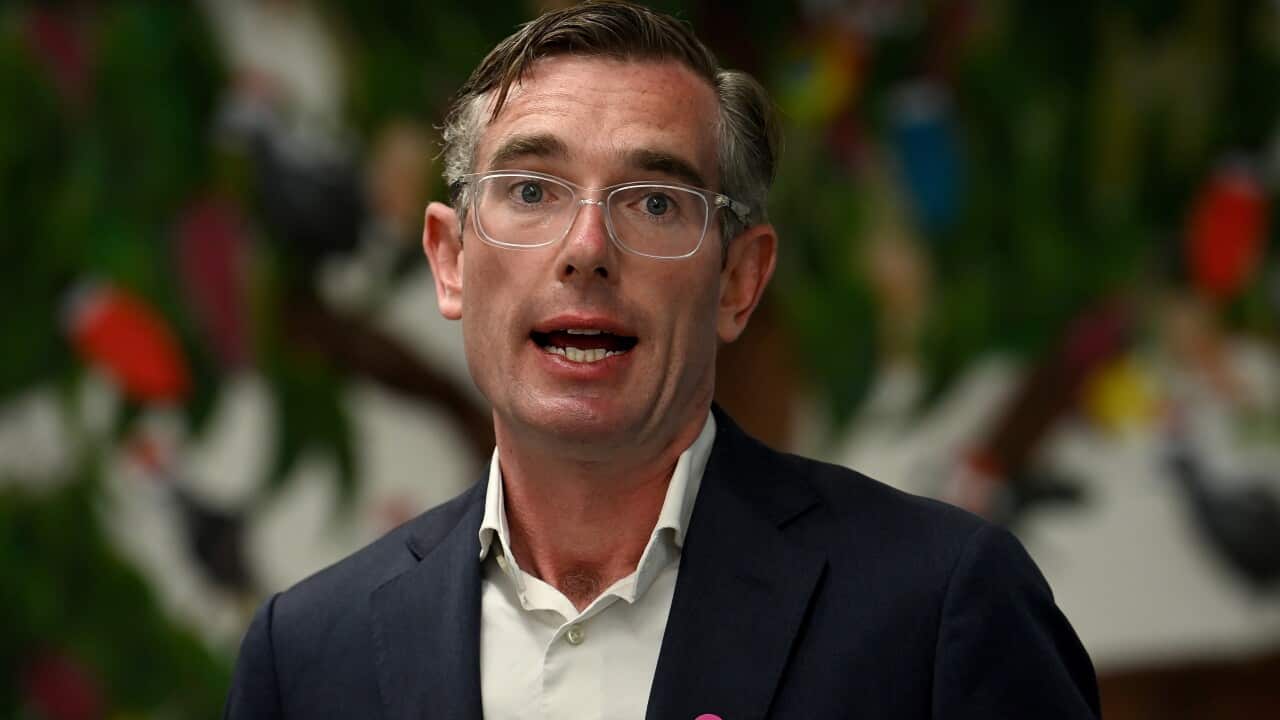 NSW Premier Dominic Perrottet speaks to the media during a press conference at South Western Sydney Vaccination Centre in Sydney, Wednesday, January 5, 2022. (AAP Image/Bianca De Marchi) NO ARCHIVING