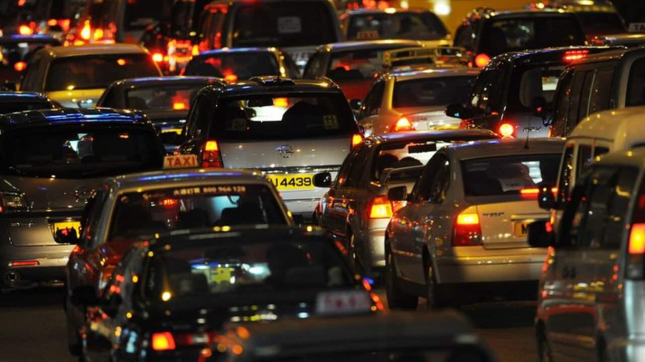 Traffic blocks a road in Hong Kong