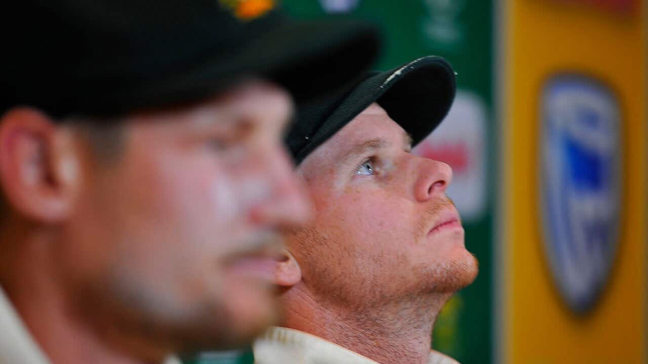 Steve Smith (capt) and Cameron Bancroft (L) of Australia during day 3 of the 3rd Sunfoil Test match between South Africa and Australia.