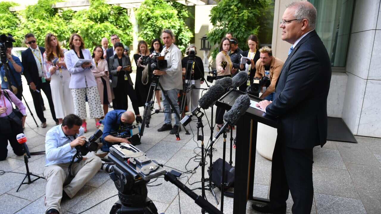 Prime Minister Scott Morrison speaks to the media during a press conference at Parliament House in Canberra, Thursday, December 5, 2019. (AAP Image/Mick Tsikas) NO ARCHIVING