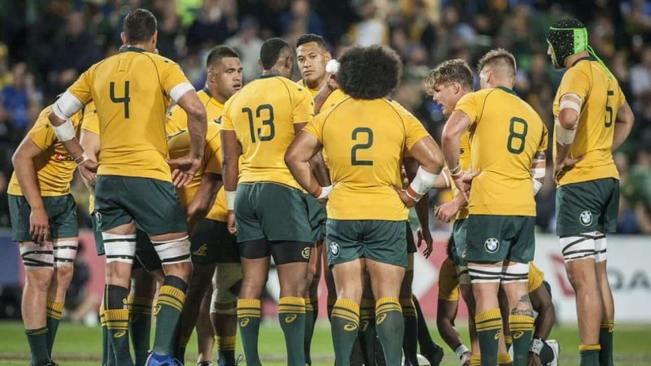 The Wallabies huddle during the Rugby Championship match.