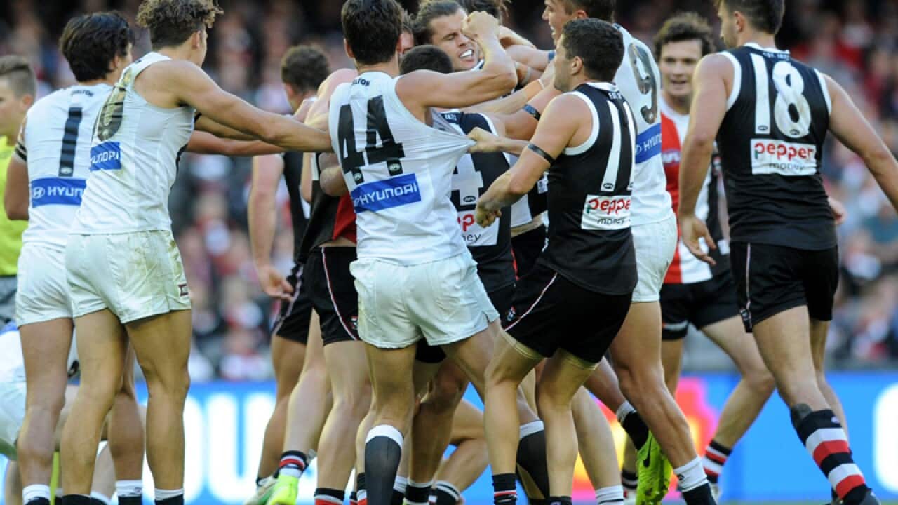 Carlton and St Kilda players fight during their round 8 clash