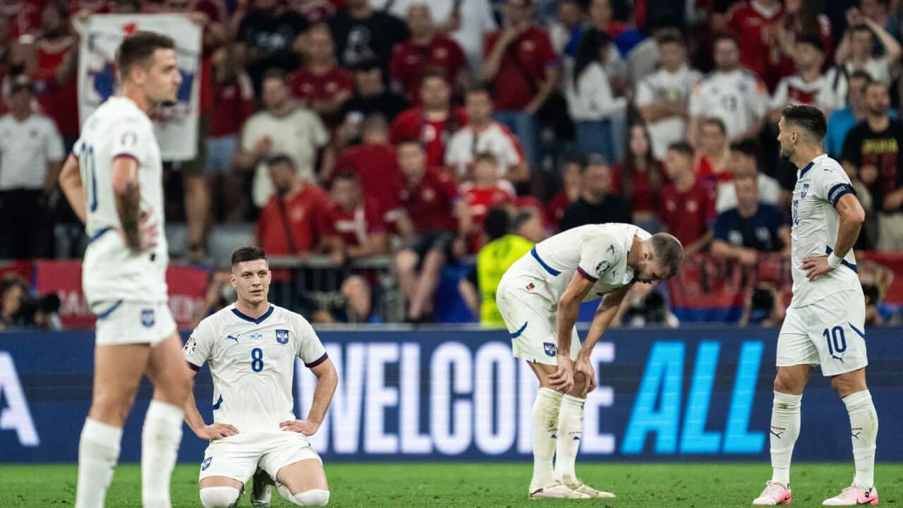 Luka Jovic (8) of Serbia looks dejected after the UEFA Euro 2024 Football Championship match between Denmark and Serbia on June 25, 2024 in Munich