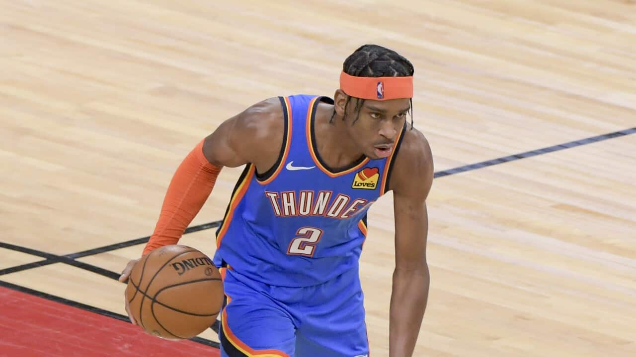 Oklahoma City Thunder guard Shai Gilgeous-Alexander (2)) during the fourth quarter of an NBA basketball game against the Chicago Bulls in Chicago, Tuesday, March 16, 2021. (AP Photo/Mark Black)