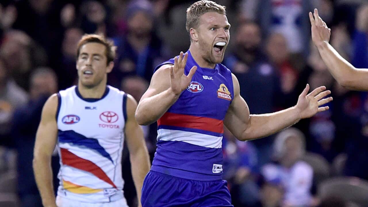 Jake Stringer of the Bulldogs celebrates.