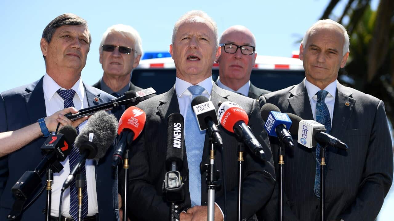 Former NSW Fire and Rescue Commissioner Greg Mullins (c) and former emergency services chiefs