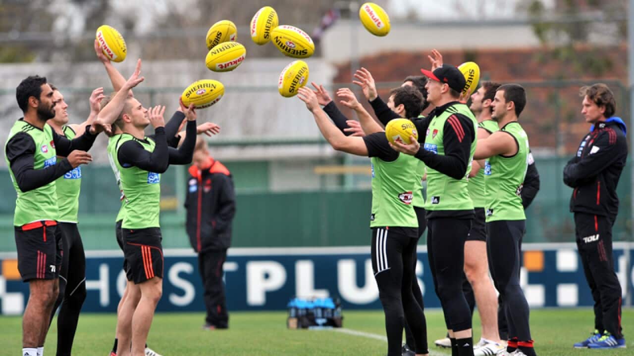 Essendon AFL players train at Windy Hill during training in Melbourne