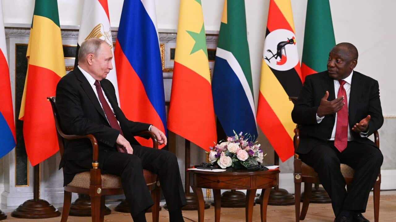 Russia’s President Vladimir Putin in St Petersburg with South African counterpart Cyril Ramaphosa (AAP).