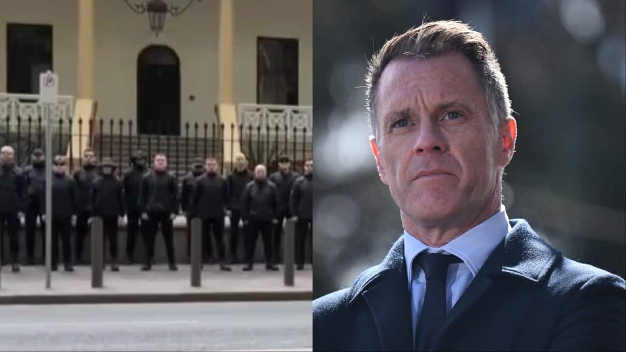 A composite image, one of a group of men wearing black outside state Parliament, and another of a man with short grey hair, wearing a blue shir,t blue tie, and dark blue coat.
