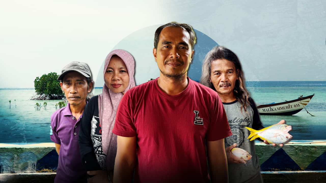 A composite image picturing three Indonesian men and one Indonesian woman from Pari Island, with a shot of coastal waters in the background, a small fishing boat and a tree growing out of the water.