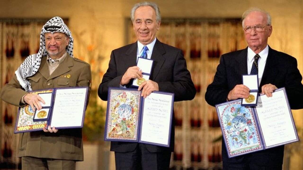 Palestinian President Yasser Arafat, Israeli Foreign Minister Shimon Peres Israeli Prime Minister Yitzhak Rabin Oslo