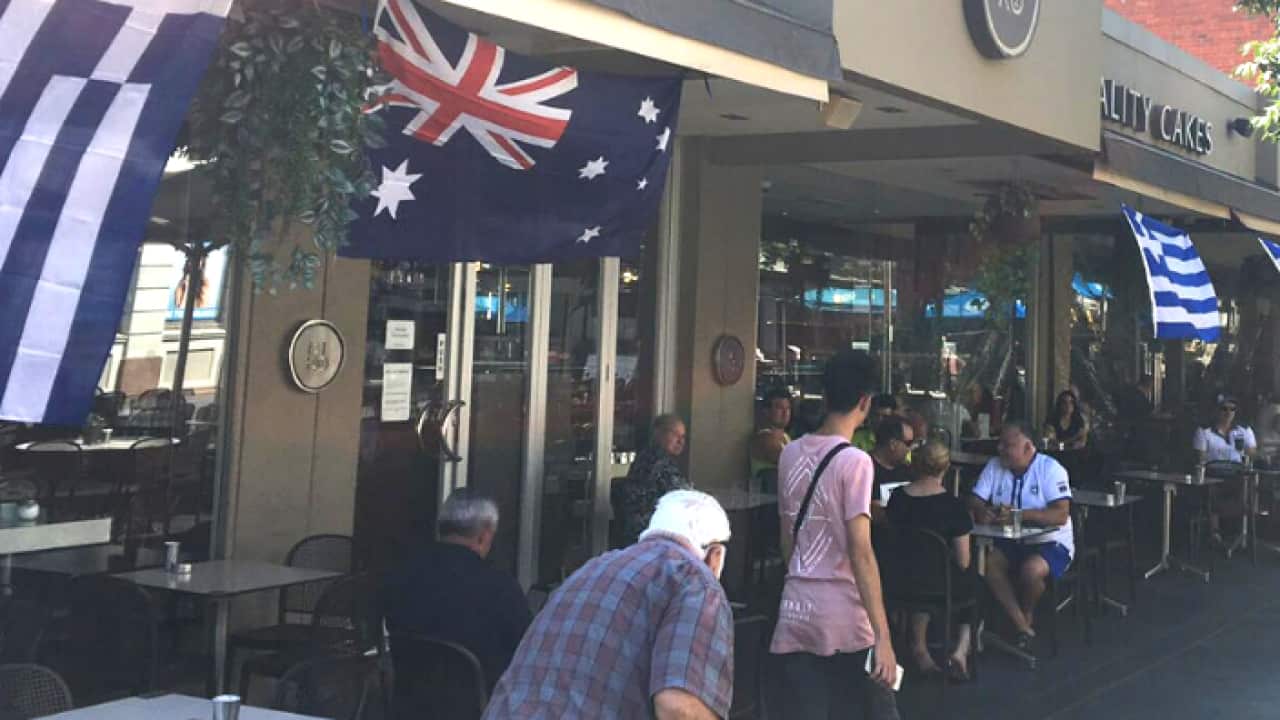Greek and Australian flags at Eaton Mall in Oakleigh, Melbourne