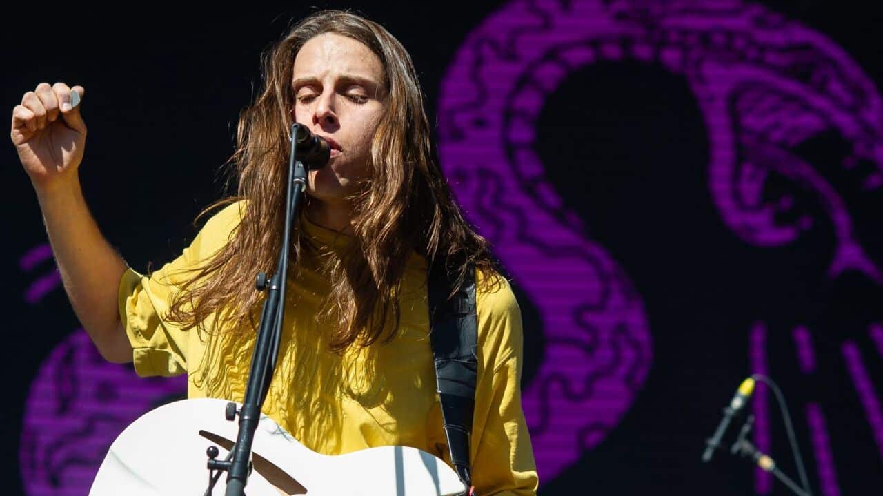 BYRON BAY, AUSTRALIA - JULY 21: Ben Stewart from the band Slowly Slowly performing at Splendour In The Grass 2019 on July 21, 2019 in Byron Bay, Australia
