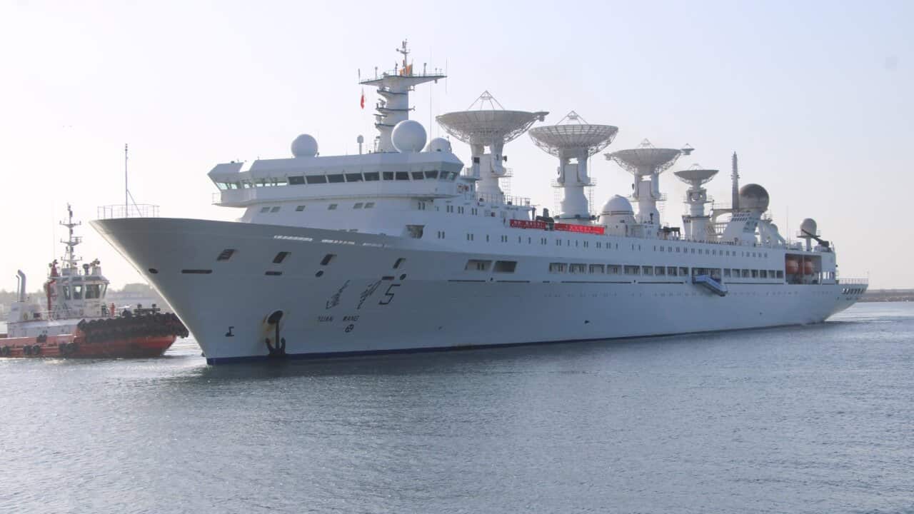 China's research and survey vessel, the Yuan Wang 5, arrives at Hambantota port. Credit: AFP Photo