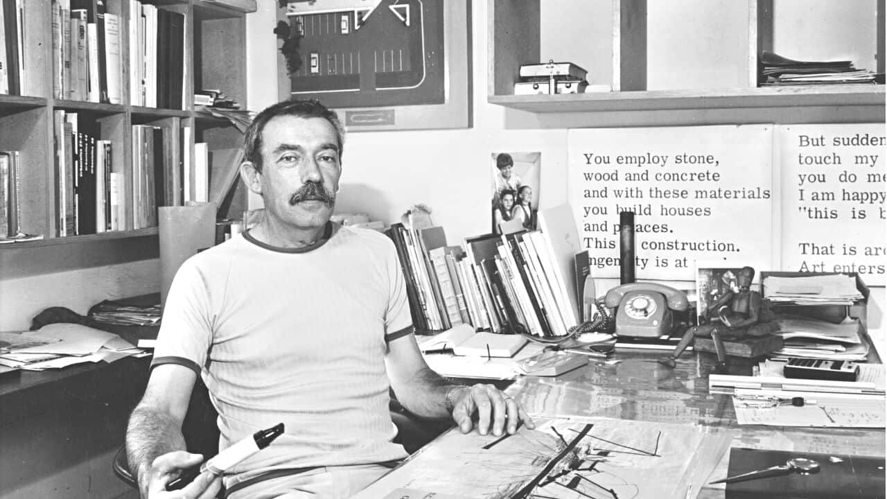 Enrico Taglietti in his studio in Griffith, Canberra, around 1976