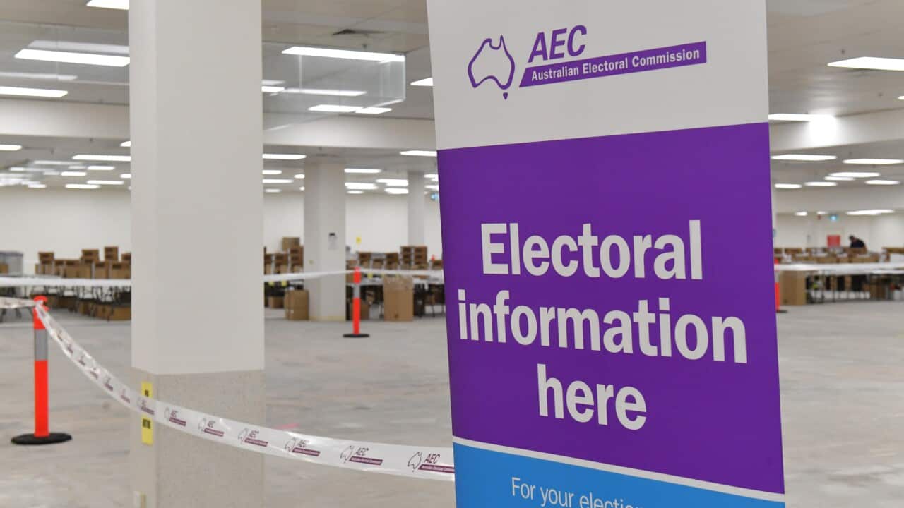 A sign is seen at an Australian Electoral Commission (AEC) warehouse in Queanbeyan, near Canberra, Friday, March 25, 2022. (AAP Image/Mick Tsikas) NO ARCHIVING