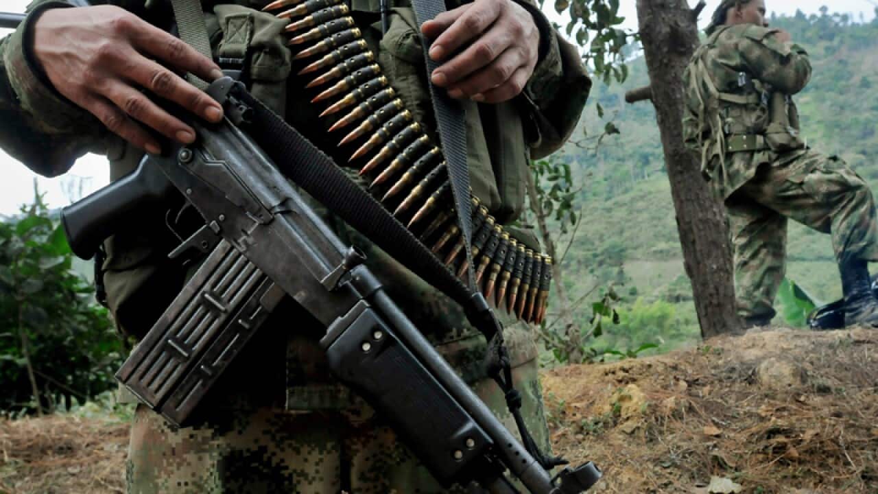 Members of the rebel group Farc patrol by a road.